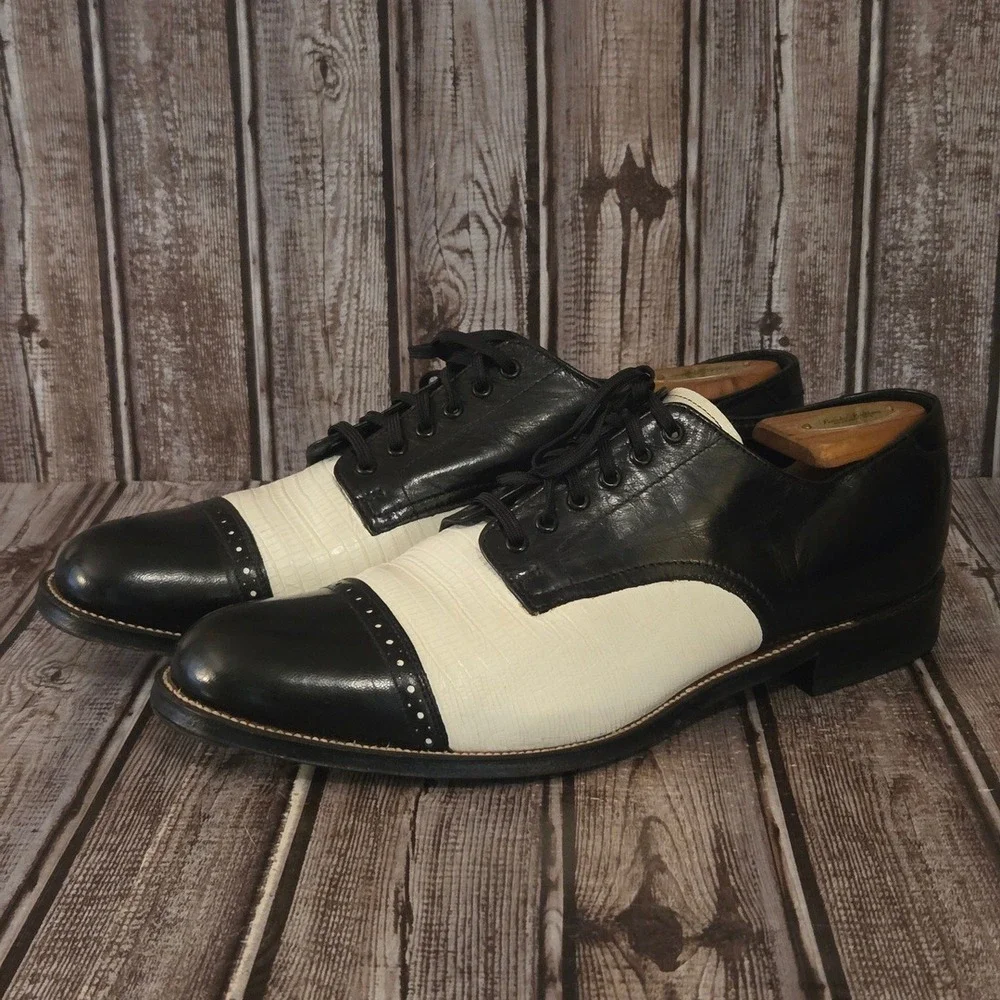 9.5 D Stacy Adams Madison Black White Spectator Cap Toe Oxford Shoes Excellent